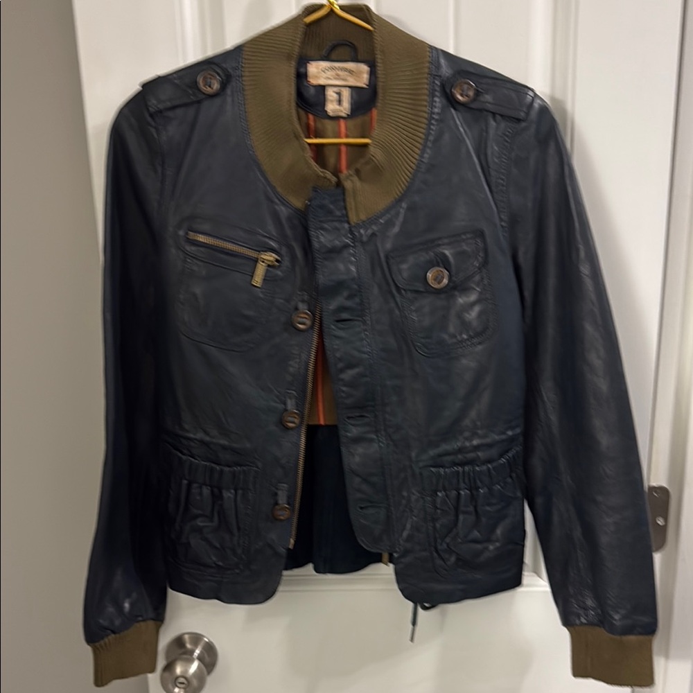 Very rare. Vintage John Varvatos Blue Leather Bomber Jacket.